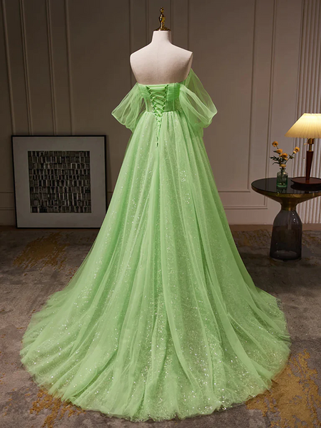 Shiny Off  Shoulder Green Tulle Long Prom Dresses， Off the Shoulde Green Long Formal Evening Graduation Dresses