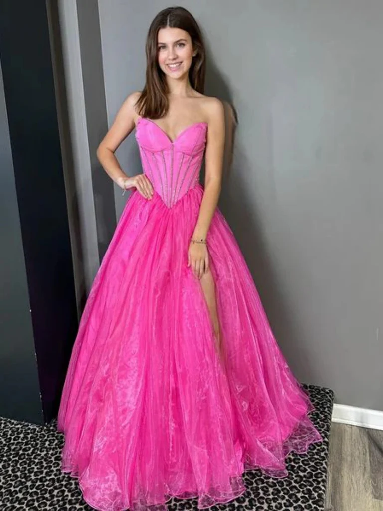 Strapless Hot Pink Tulle Long Prom Dresses with High Slit, A Line Long – morievent Strapless Hot Pink Tulle Long Prom Dresses with High Slit, A Line Long – morievent