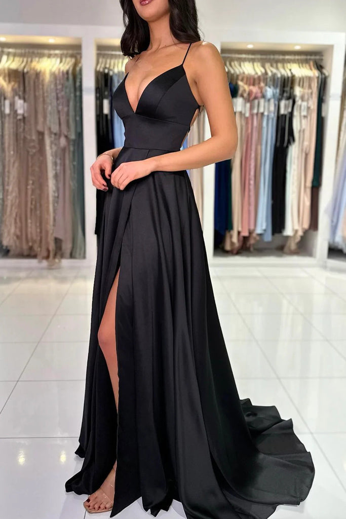 V Neck Backless Black Satin Long Prom Dresses, V Neck Backless Black S