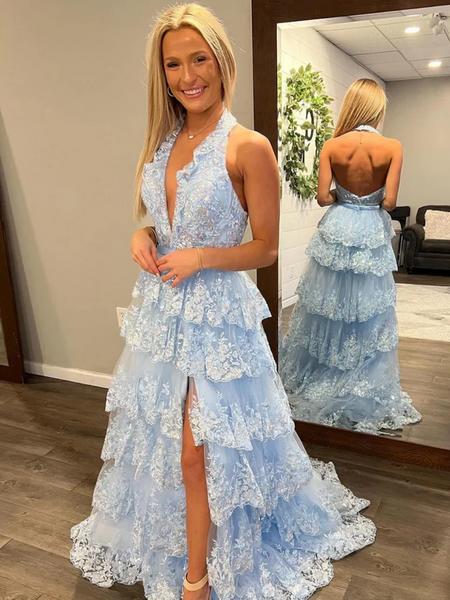 Halter Neck Light Blue Lace Prom Dresses, Light Blue Lace Layered Long Formal Evening Dresses