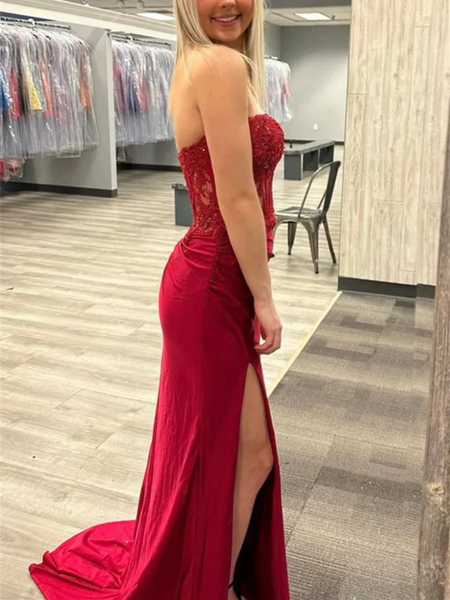 Strapless Mermaid Beaded Burgundy Lace Long Prom Dresses with High Slit, Sweetheart Neck Mermaid Burgundy Lace Formal Evening Dresses