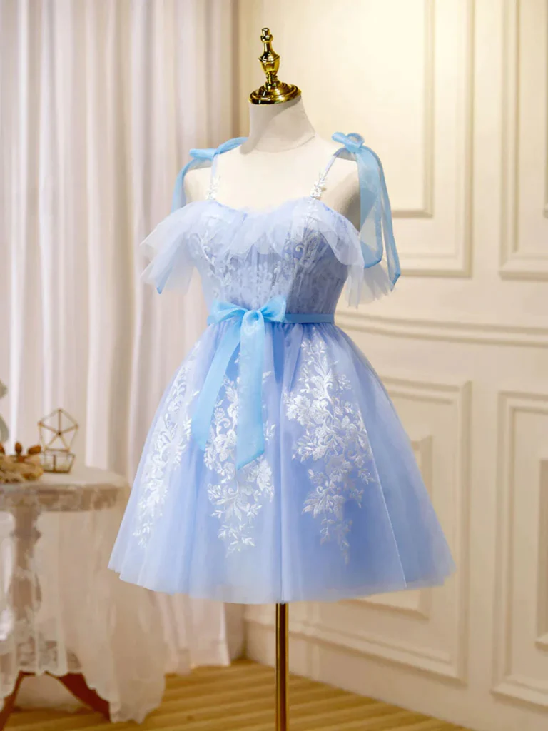 Sweetheart Neck Short Blue Lace Prom Dresses, Short Lace Blue Homecoming Formal Evening Dresses