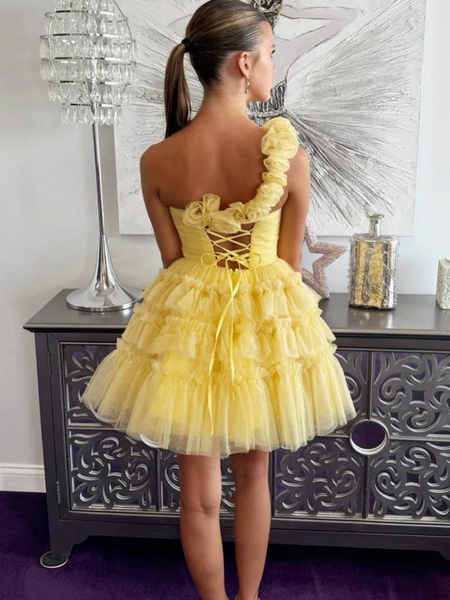 Princess One Shoulder Yellow Tulle Short Prom Dresses with Flowers, Short One Shoulder Yellow Formal Evening Homecoming Dresses