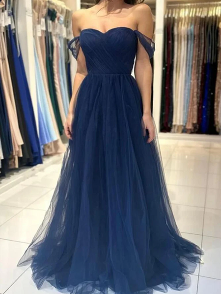 Simple Off Shoulder Navy Blue Tulle Long Prom Dresses, Off the Shoulder Formal Evening Dresses