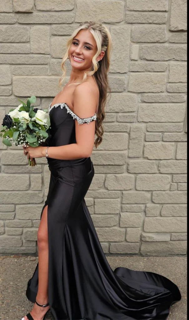 Off the Shoulder Mermaid Beaded Black Satin Long Prom Dresses with Sid morievent Off the Shoulder Mermaid Beaded Black Satin Long Prom Dresses with Sid morievent