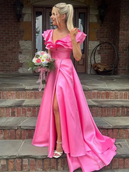 Hot Pink Cap Sleeves Satin Long Prom Dresses with High Slit, Hot Pink Satin Long Formal  Evening Graduation Dresses