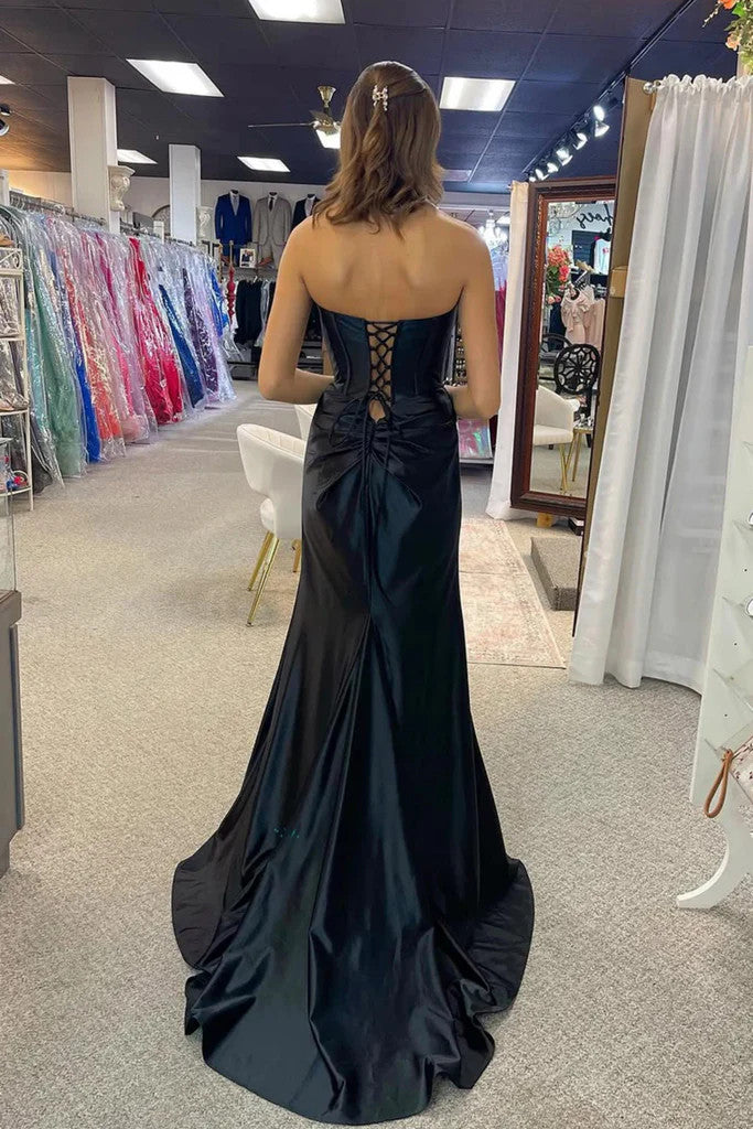 Strapless Mermaid Black Satin Long Prom Dresses with High Slit, Mermai morievent Strapless Mermaid Black Satin Long Prom Dresses with High Slit, Mermai morievent