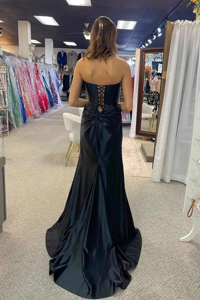 Strapless Mermaid Black Satin Long Prom Dresses with High Slit, Mermaid Black Formal Graduation Evening Dresses