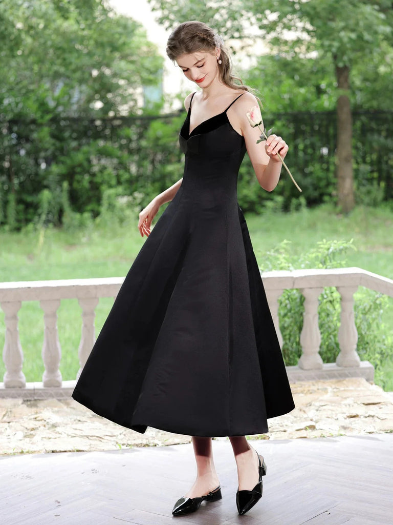 A Line V Neck Tea Length Satin Black Prom Dresses, A Line V Neck Tea L morievent A Line V Neck Tea Length Satin Black Prom Dresses, A Line V Neck Tea L morievent