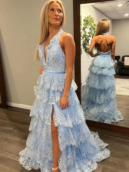 Halter Neck Light Blue Lace Prom Dresses, Light Blue Lace Layered Long Formal Evening Dresses