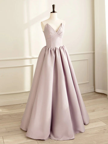 Simple A Line Satin Pink Strapless Long Prom Dresses, Pink Formal Bridesmaid Dresses