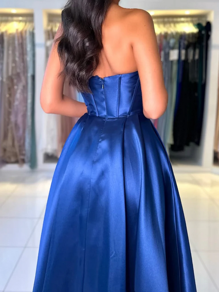 Off the Shoulder Royal Blue Satin Long Prom Dresses, Royal Blue Off Sh