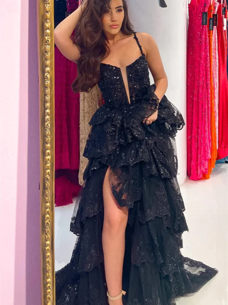 V Neck Black Shiny Sequins Tulle Long Prom Dresses, Layered V Neck Bla morievent V Neck Black Shiny Sequins Tulle Long Prom Dresses, Layered V Neck Bla morievent