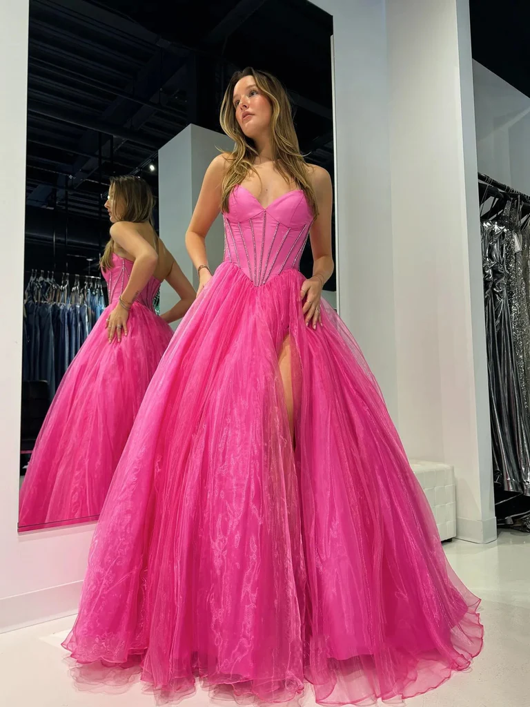 Strapless Hot Pink Tulle Long Prom Dresses with High Slit, A Line Long morievent Strapless Hot Pink Tulle Long Prom Dresses with High Slit, A Line Long morievent