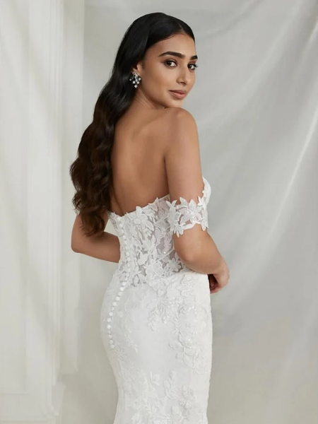 Off the Shoulder Mermaid White Lace Long Prom Dresses, Mermaid White Wedding Dresses, White Lace Formal Evening Dresses