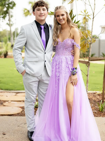 Off Shoulder Lavender Lace Long Prom Dresses with High Slit, Off the Shoulder Lilac Lavender Lace Formal Evening Dresses