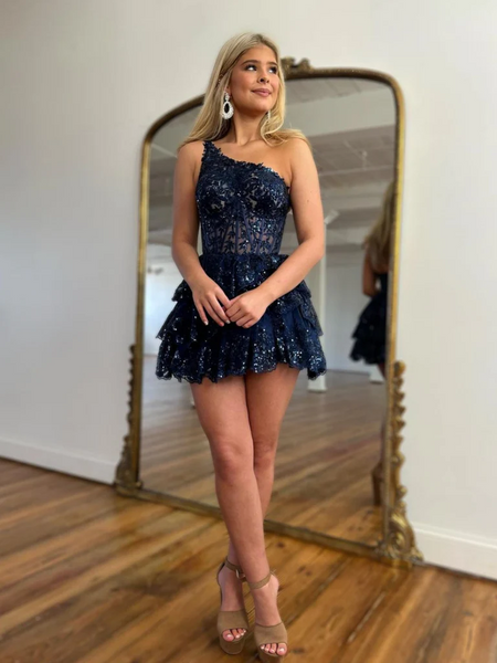 Sequins One Shoulder Navy Blue Lace Short Prom Dresses ，Navy Blue Lace Homecoming Formal Evening Dresses