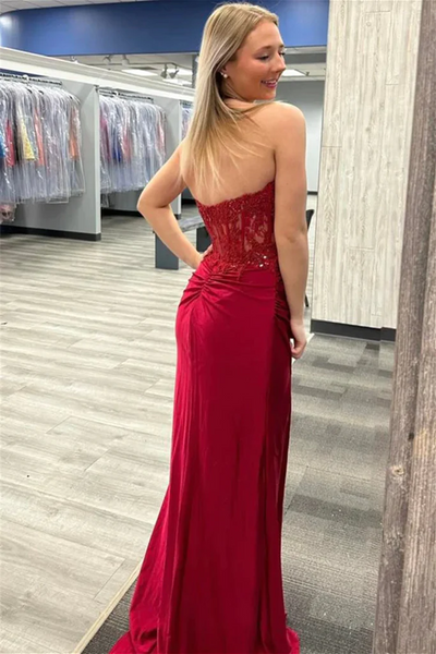 Sweetheart Neck Wine Red Long Lace Mermaid Prom Dresses, Burgundy  Lace Mermaid Long Formal Evening Dresses