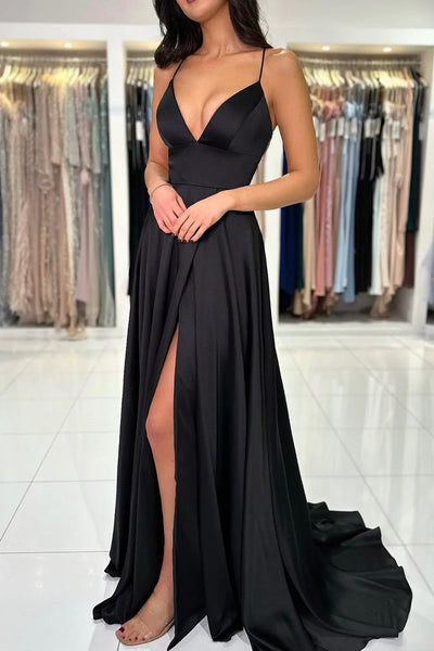 V Neck Backless Black Satin Long Prom Dresses, V Neck Backless Black Satin Long Evening Party Dresses