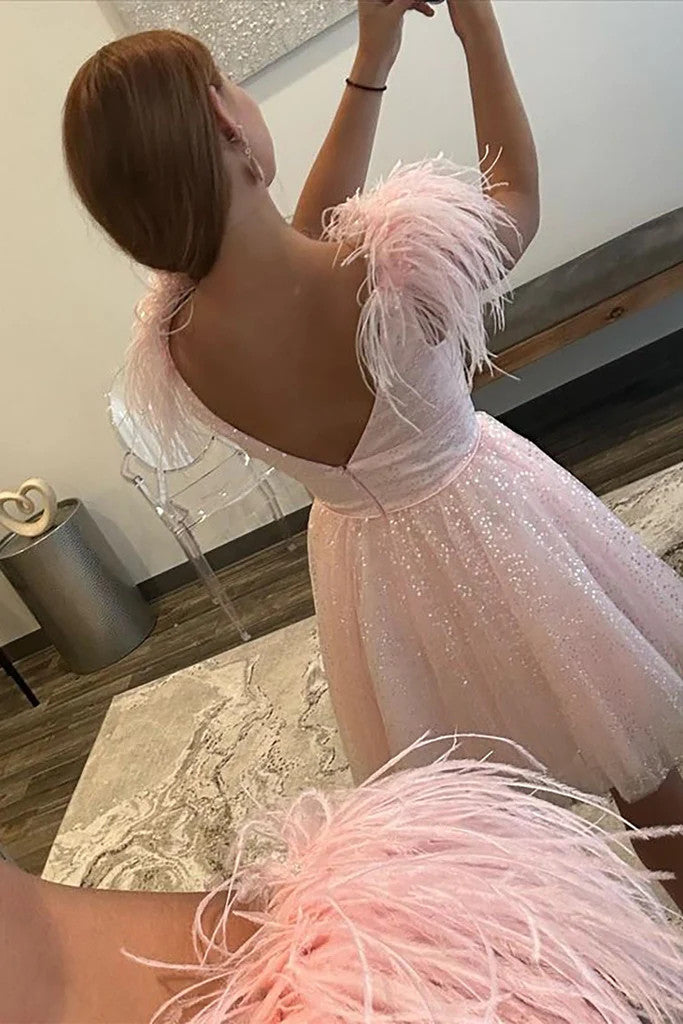 Open Back V Neck Short Pink Prom Dresses With Feathers, Pink Short For morievent Open Back V Neck Short Pink Prom Dresses With Feathers, Pink Short For morievent