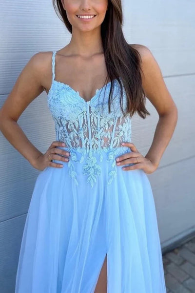 A Line V Neck Open Back Light Blue Lace Long Prom Dresses with High Slit, Light Blue Lace Formal Evening Dresses