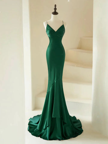 V Neck Mermaid Satin Green Long Prom Dresses, Green Mermaid Long Formal Evening Dresses