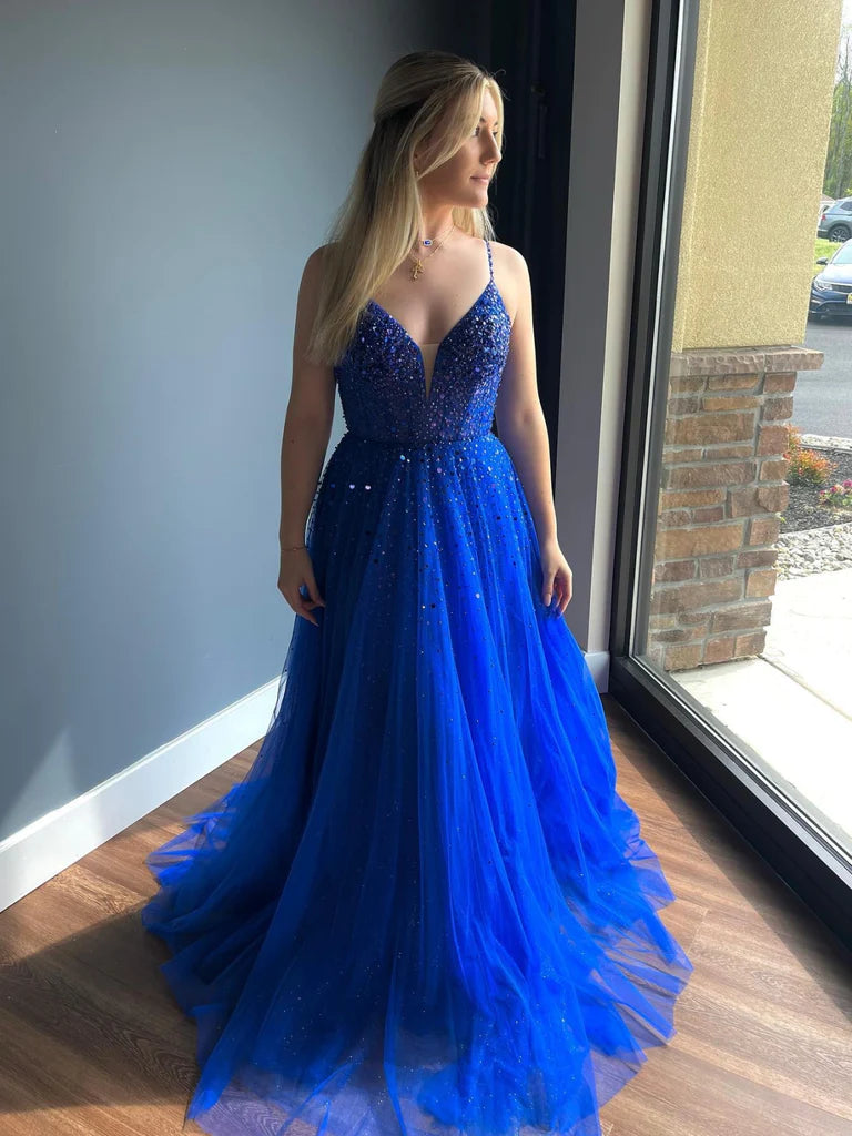 V Neck Open Back Beaded Blue Prom Dresses Long, Blue Formal Graduation morievent V Neck Open Back Beaded Blue Prom Dresses Long, Blue Formal Graduation morievent