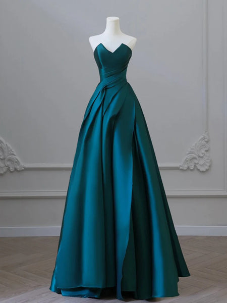 Strapless A Line Satin Green Long Prom Dresses, Green Satin Long Formal Evening Dresses