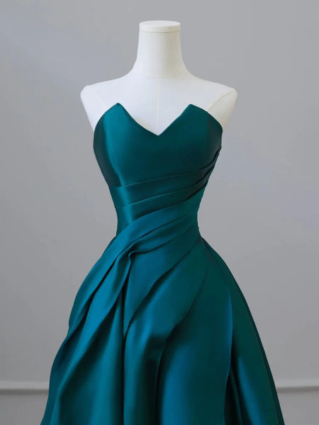 Strapless A Line Satin Green Long Prom Dresses, Green Satin Long Formal Evening Dresses