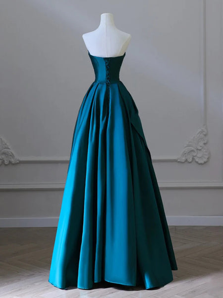 Strapless A Line Satin Green Long Prom Dresses, Green Satin Long Formal Evening Dresses