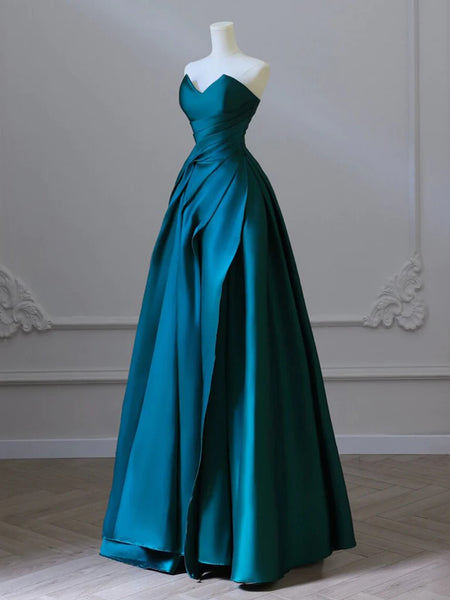 Strapless A Line Satin Green Long Prom Dresses, Green Satin Long Formal Evening Dresses