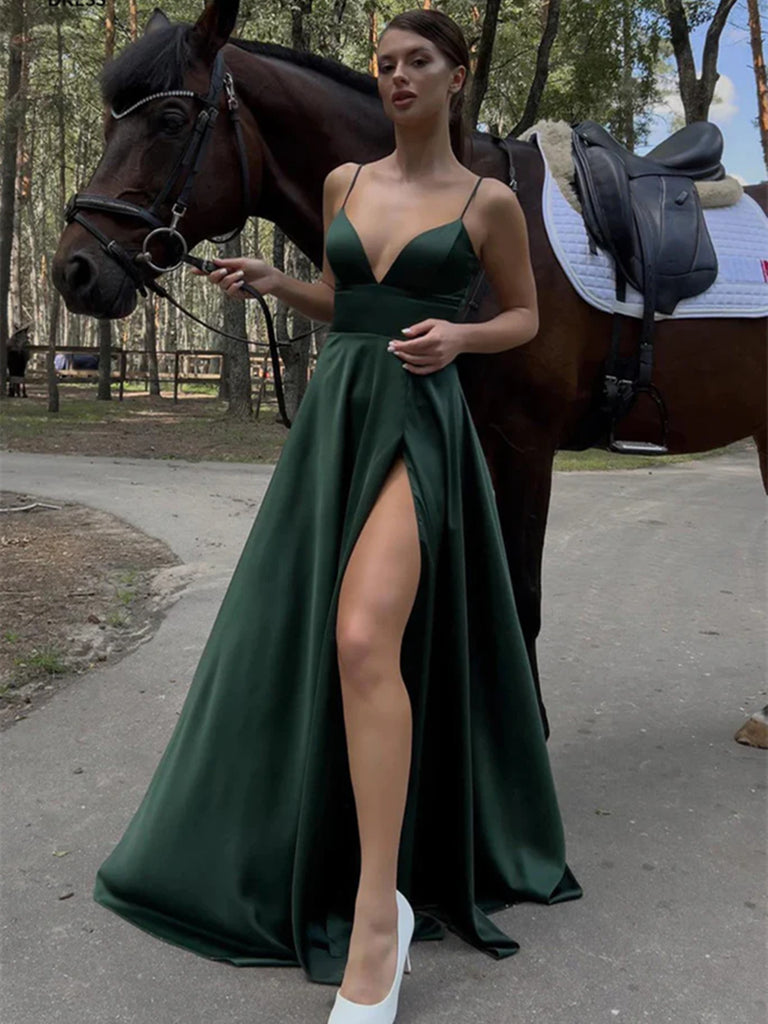 Simple A Line V Neck Emerald Green Long Prom Dress with High Slit, V Neck Green Long Formal Evening Dresses