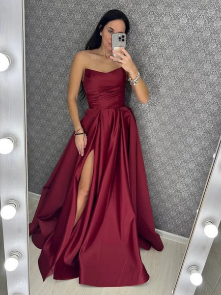 A Line Strapless Burgundy Satin Long Prom Dresses with High Slit, Long Burgundy Formal Graduation Evening Dresses