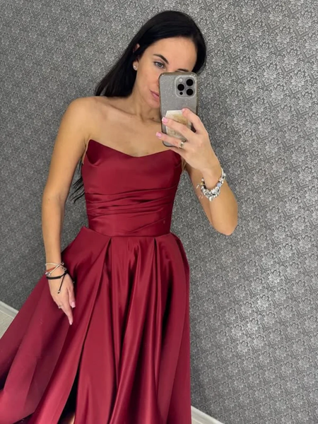 A Line Strapless Burgundy Satin Long Prom Dresses with High Slit, Long Burgundy Formal Graduation Evening Dresses