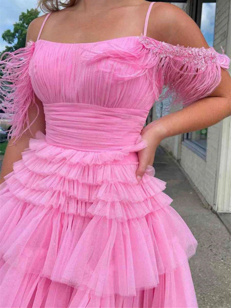 A Line Off Shoulder Layered Hot Pink Short Prom Dresses, Off The Shoul morievent A Line Off Shoulder Layered Hot Pink Short Prom Dresses, Off The Shoul morievent