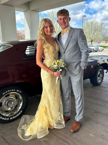 V Neck Mermaid Yellow Lace Long Prom Dresses, Yellow Lace Mermaid Formal Evening Dresses