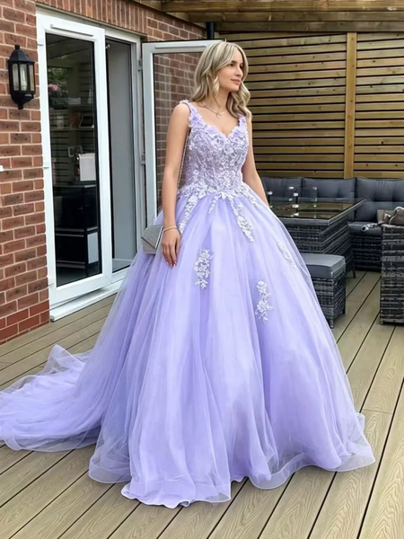 V Neck Lavender Lace Long Prom Dresses, Lavender Lace Formal Evening Dresses