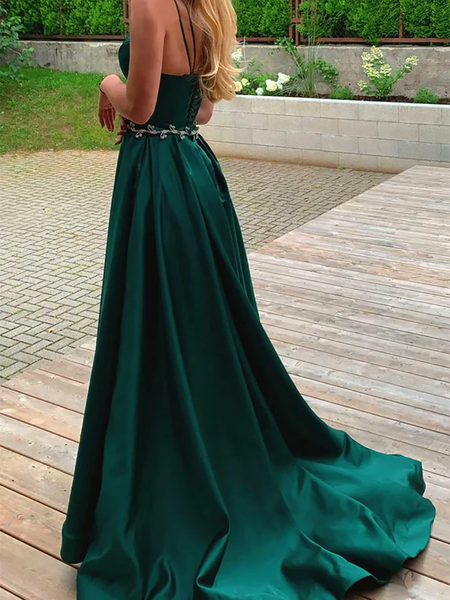V Neck Dark Green Satin Long Prom Dresses,A Line V Neck Dark Green Long Formal Evening Dresses