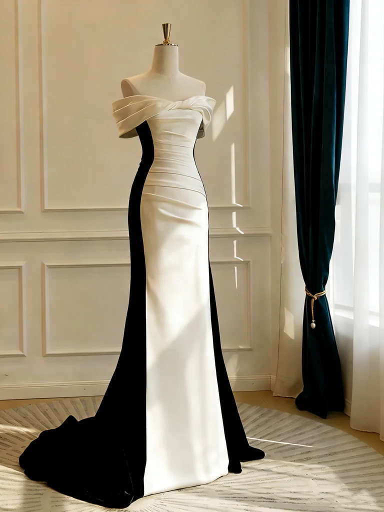 Off the Shoulder Black White Mermaid Long Prom Dresses, Off Shoulder Black White Mermaid Long Formal Evening Dresses