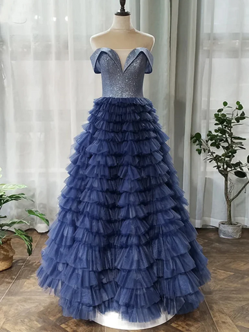 Off Shoulder Sequins Top Navy Blue Long Prom Dresses, Off the Shoulder Navy Blue Formal Evening Ball Gown