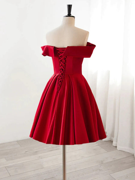 Short Red Satin Off the Shoulder Prom Dresses with Appliques, Red Off Shoulder Short Formal Evening Homecoming Dresses