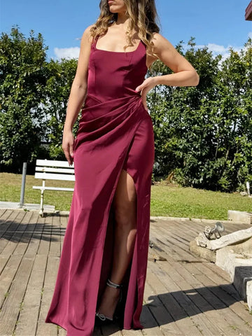 Simple Open Back Mermaid Burgundy Satin Long Prom Dresses with High Slit, Mermaid Burgundy Backless Formal  Evening Graduation Dresses