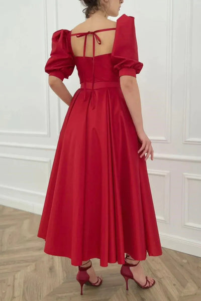 Short Red Satin Prom Dresses, Red Tea length Satin Formal Homecoming Dresses