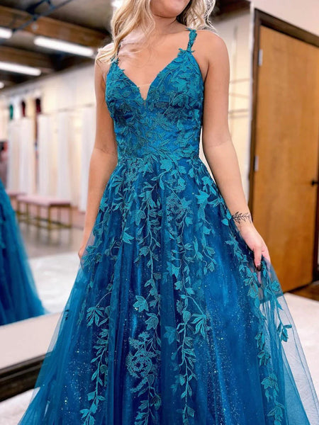 A Line V Neck Blue Lace Long Prom Dresses, Blue Tulle Lace Formal  Evening Dresses