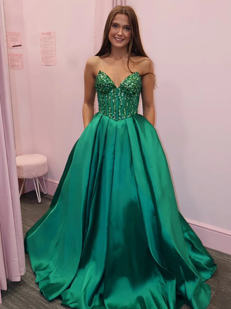 A Line Strapless Beaded Green Satin Long Prom Dresses, Green Satin Long Beaded  Formal  Evening Graduation Dresses