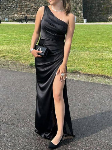One Shoulder Mermaid Black Satin Long Prom Dresses with High Slit, Mermaid Black Formal Evening Dresses