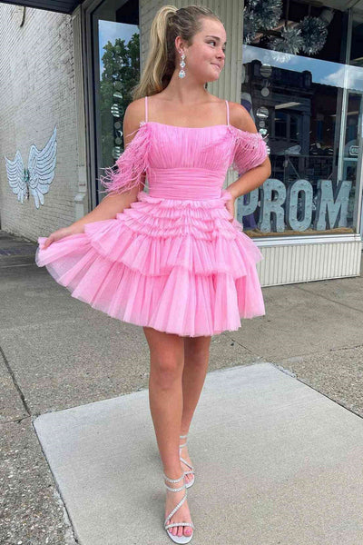 A Line Off  Shoulder Layered Hot Pink Short Prom Dresses, Off The Shoulder Hot Pink Tulle Formal Evening Homecoming Dresses