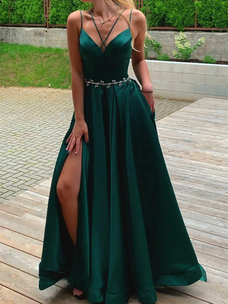 V Neck Dark Green Satin Long Prom Dresses,A Line V Neck Dark Green Long Formal Evening Dresses