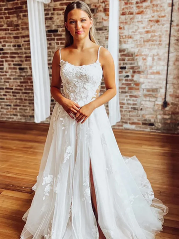 A Line White Lace Wedding Bridal  Dresses,  Open Back White Lace Prom Dresses