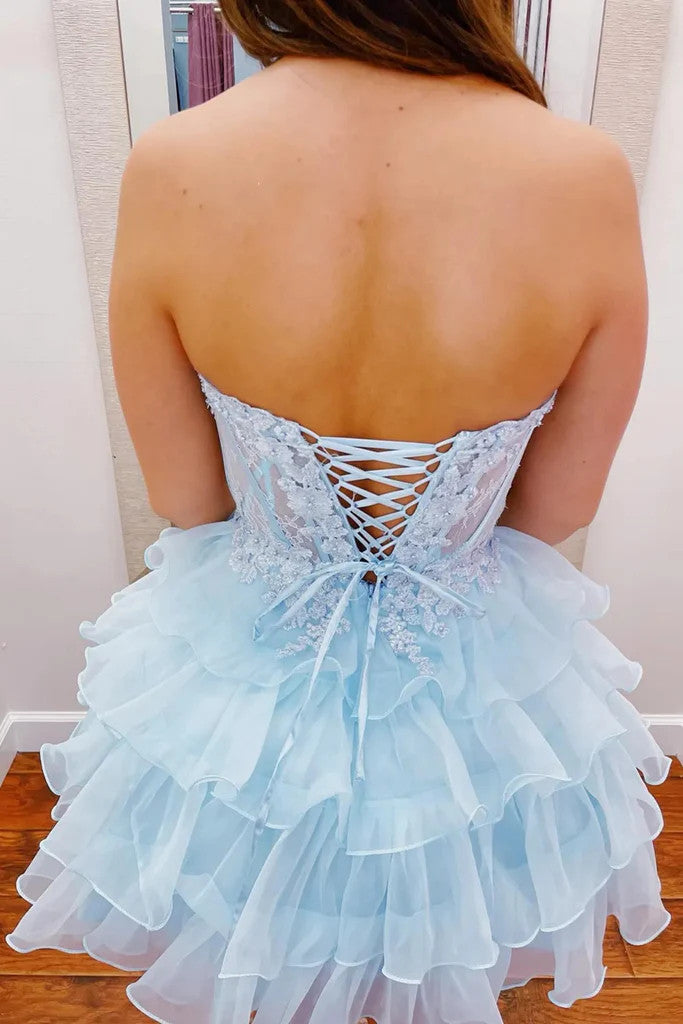 Strapless Layered Pink/Blue Lace Short Prom Dresses, Lace Short Pink/B morievent Strapless Layered Pink/Blue Lace Short Prom Dresses, Lace Short Pink/B morievent